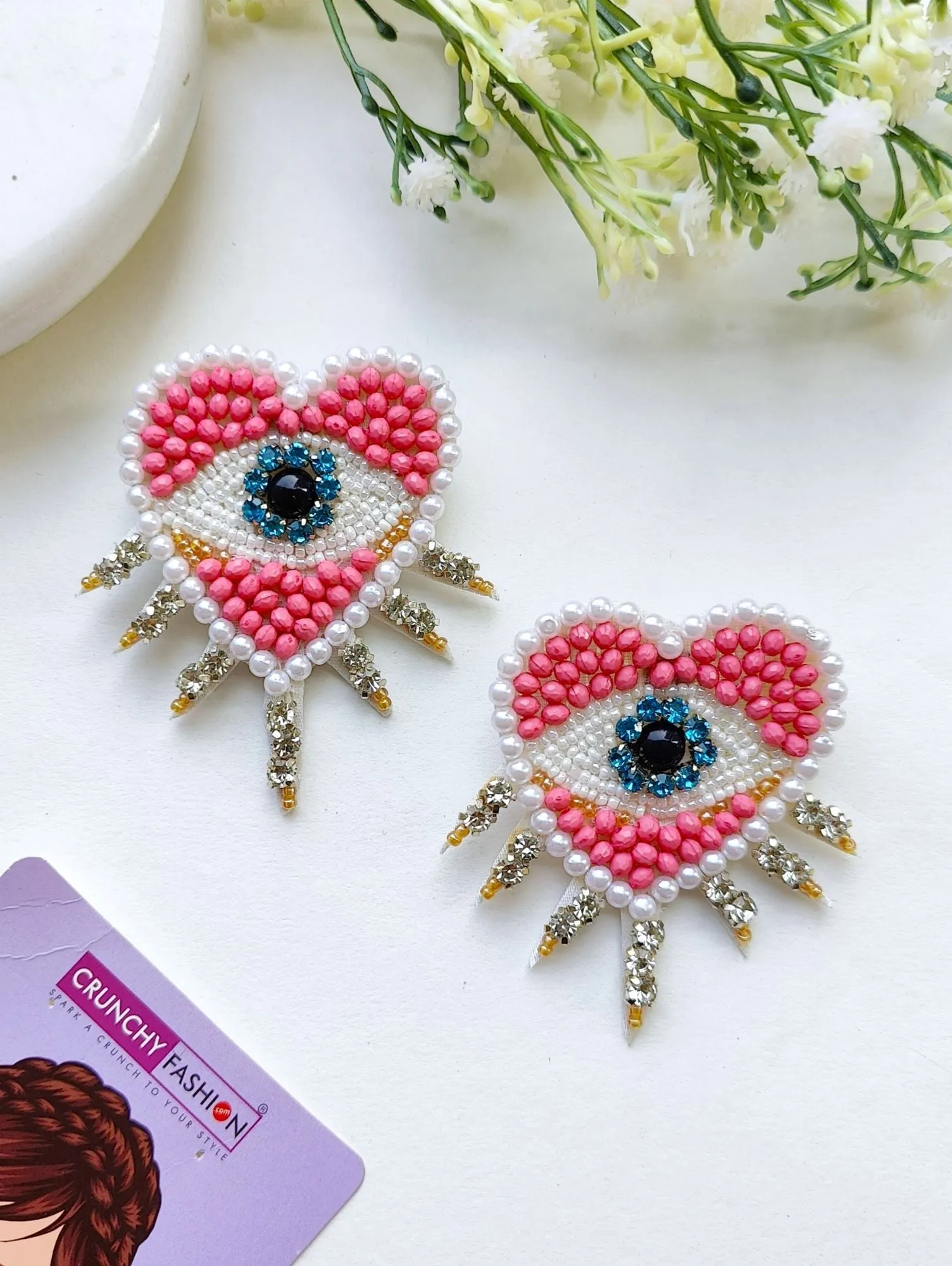 Trendy Pink-White Evil Eye Heart Handmade Earrings for Fashionable Women and Girls
