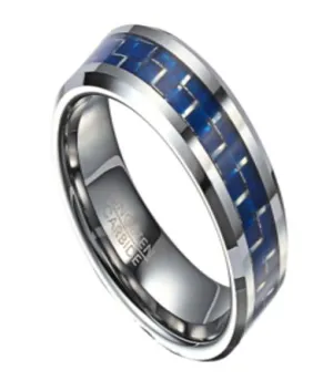 Two Tone Tungsten Wedding Band with Blue Carbon Fiber Inlay | 8mm