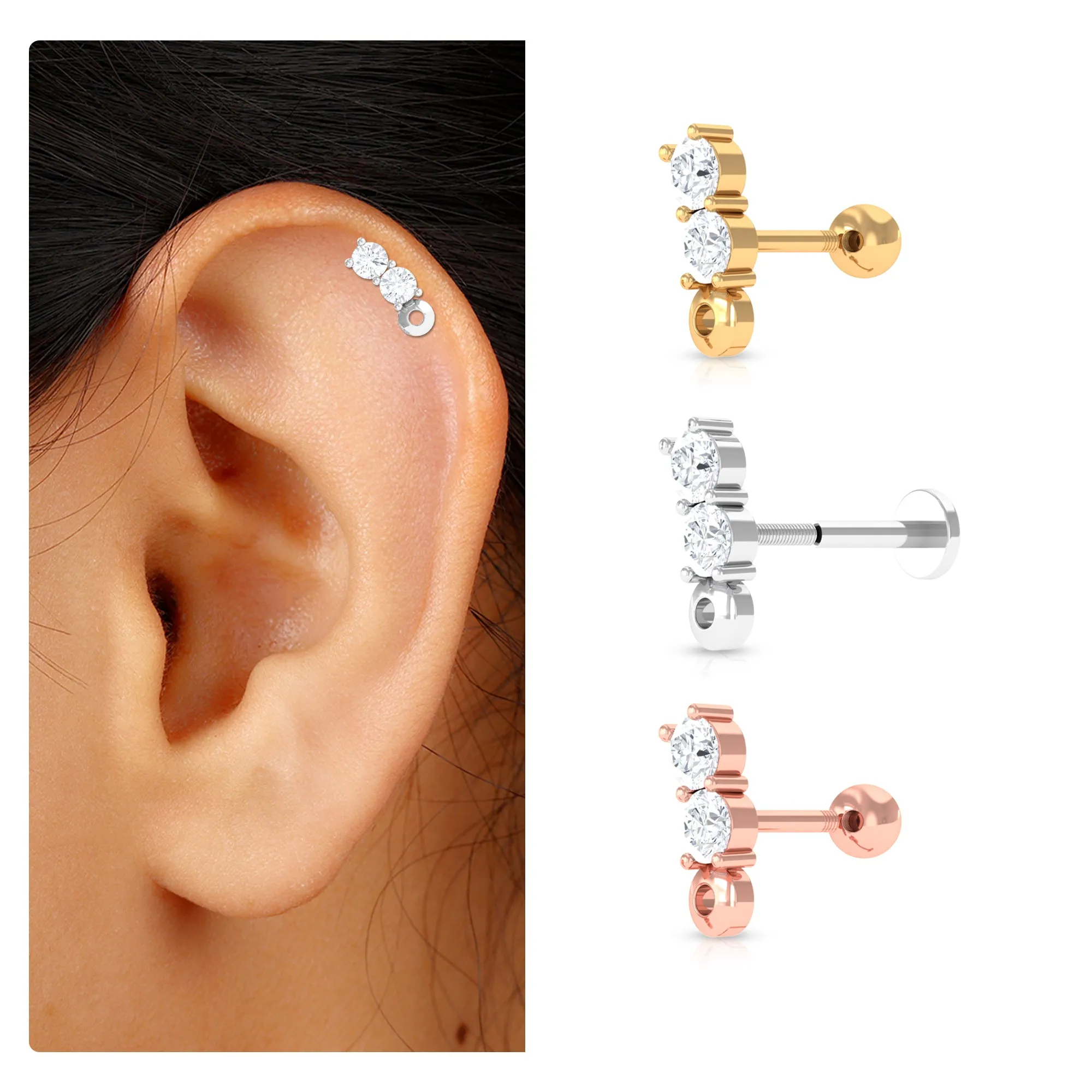 Unique Moissanite 2 Stone Curved Helix Earring