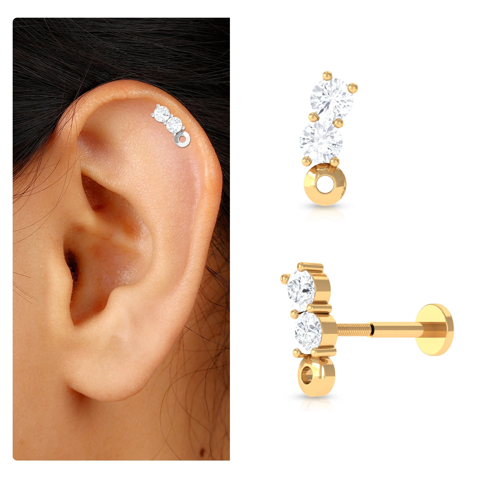 Unique Moissanite 2 Stone Curved Helix Earring
