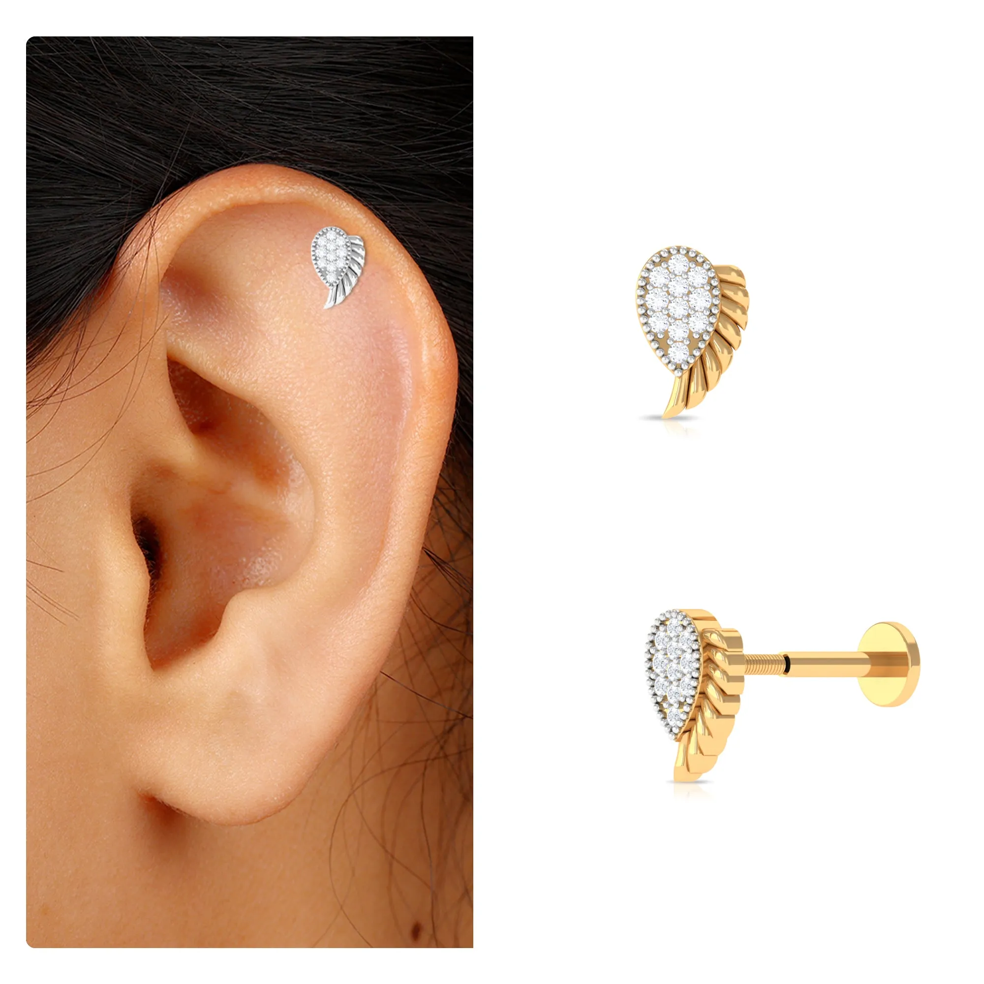 Unique Moissanite Angel Wing Cartilage Earring in Gold