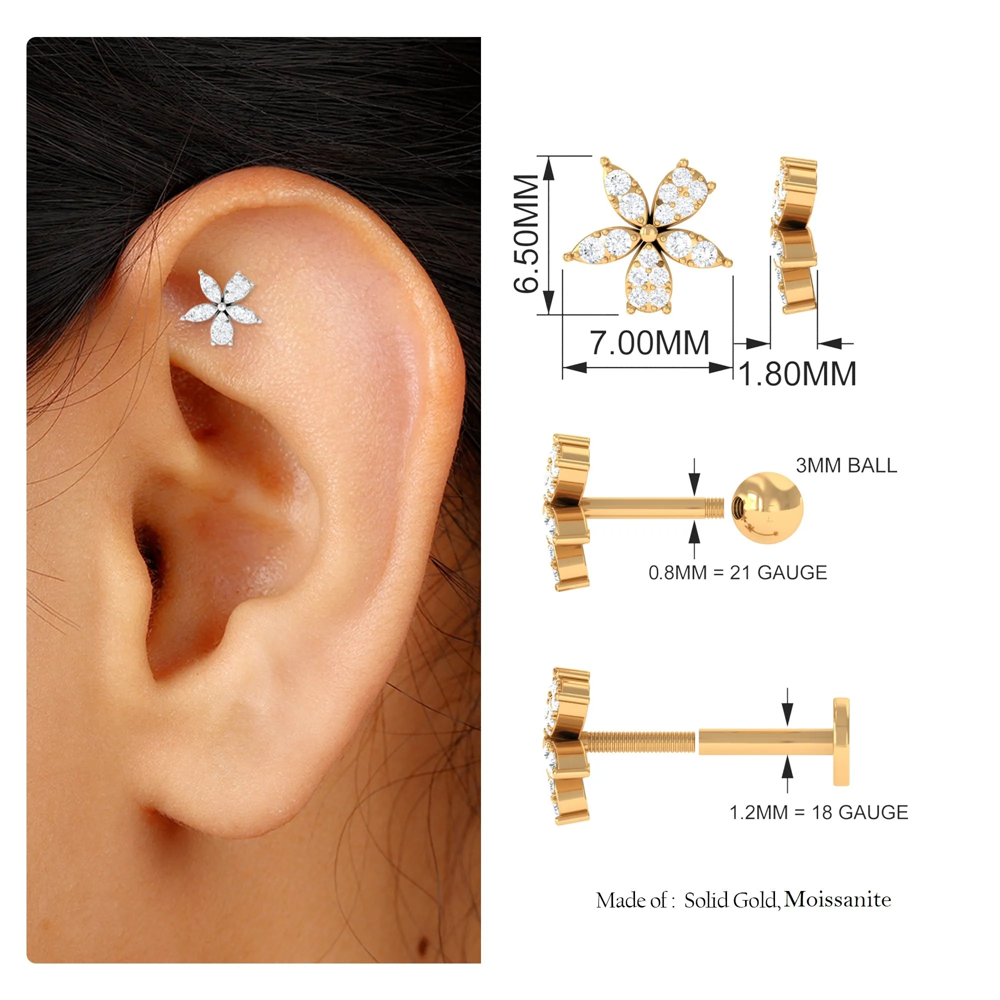 Unique Moissanite Floral Second Hole Earring
