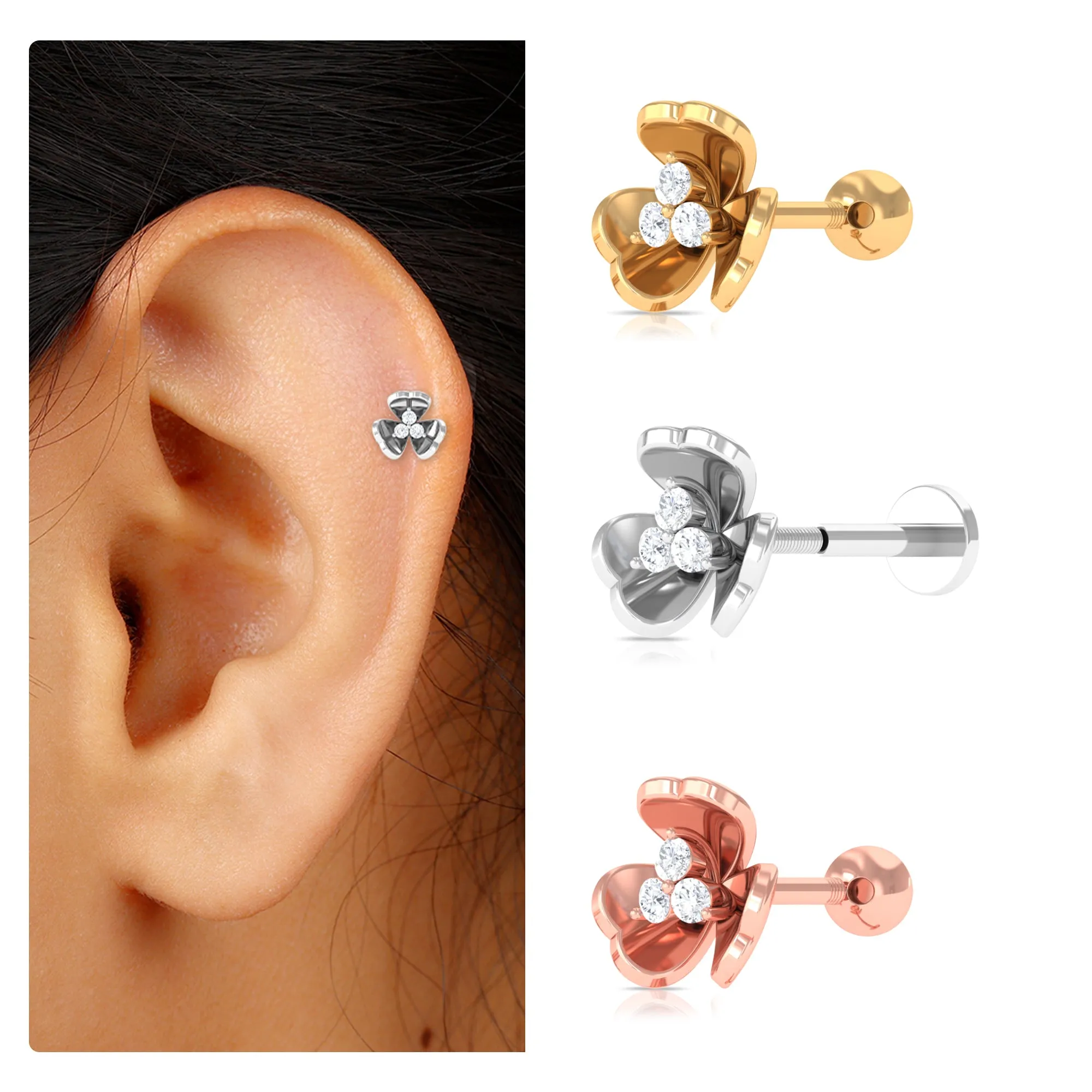 Unique Moissanite Gold Floral Cartilage Earring