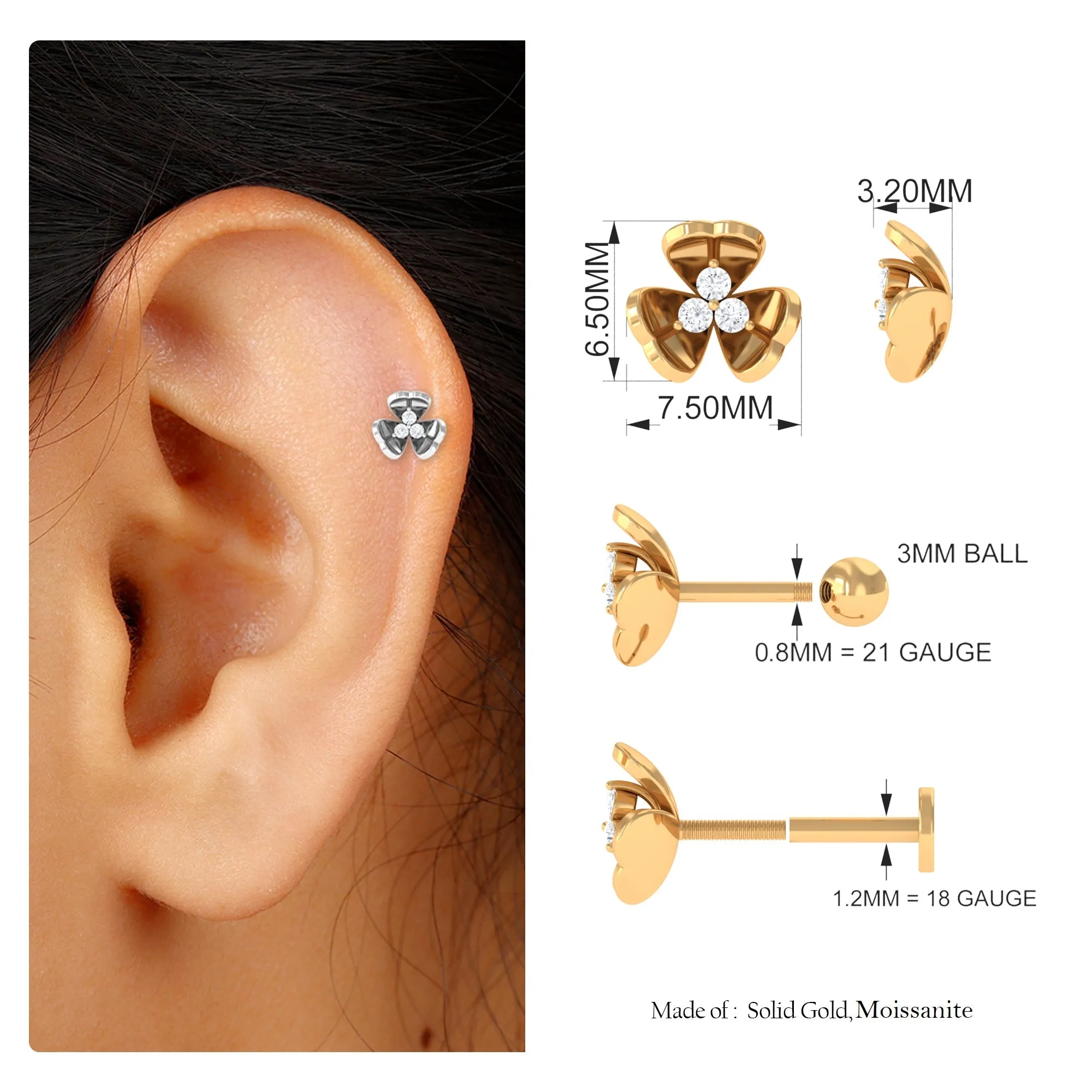 Unique Moissanite Gold Floral Cartilage Earring