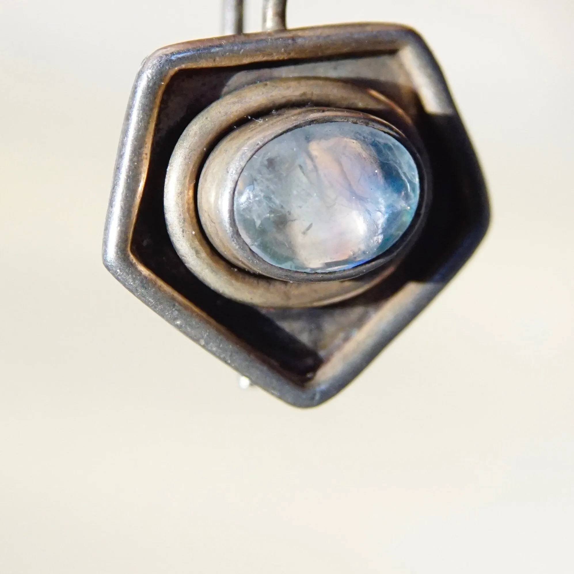 Vintage Sterling Silver Moonstone Drop Earrings, Iridescent Moonstone In Silver Pentagon Setting, Unique Silver Dangle Earrings, 7/8" L