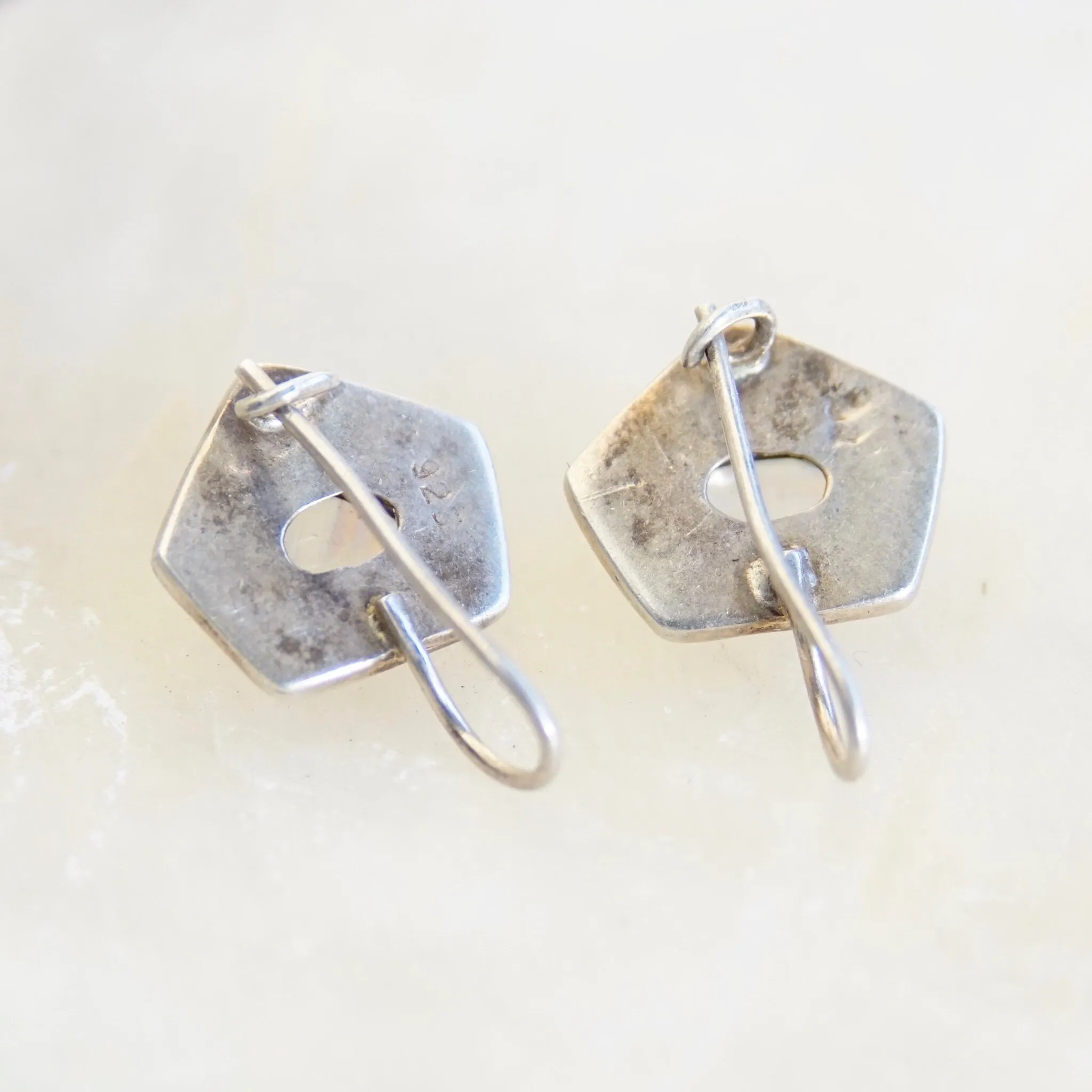 Vintage Sterling Silver Moonstone Drop Earrings, Iridescent Moonstone In Silver Pentagon Setting, Unique Silver Dangle Earrings, 7/8" L