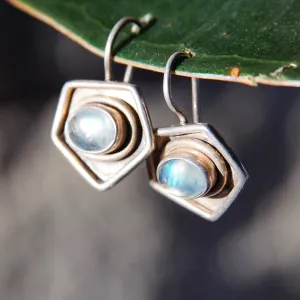 Vintage Sterling Silver Moonstone Drop Earrings, Iridescent Moonstone In Silver Pentagon Setting, Unique Silver Dangle Earrings, 7/8" L