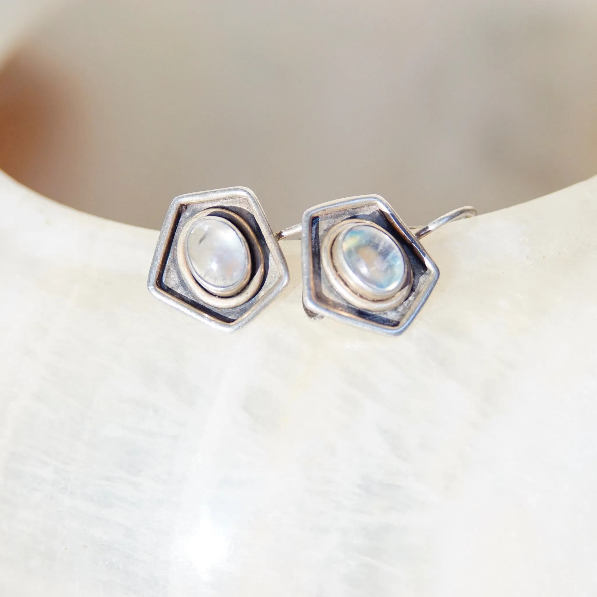 Vintage Sterling Silver Moonstone Drop Earrings, Iridescent Moonstone In Silver Pentagon Setting, Unique Silver Dangle Earrings, 7/8" L