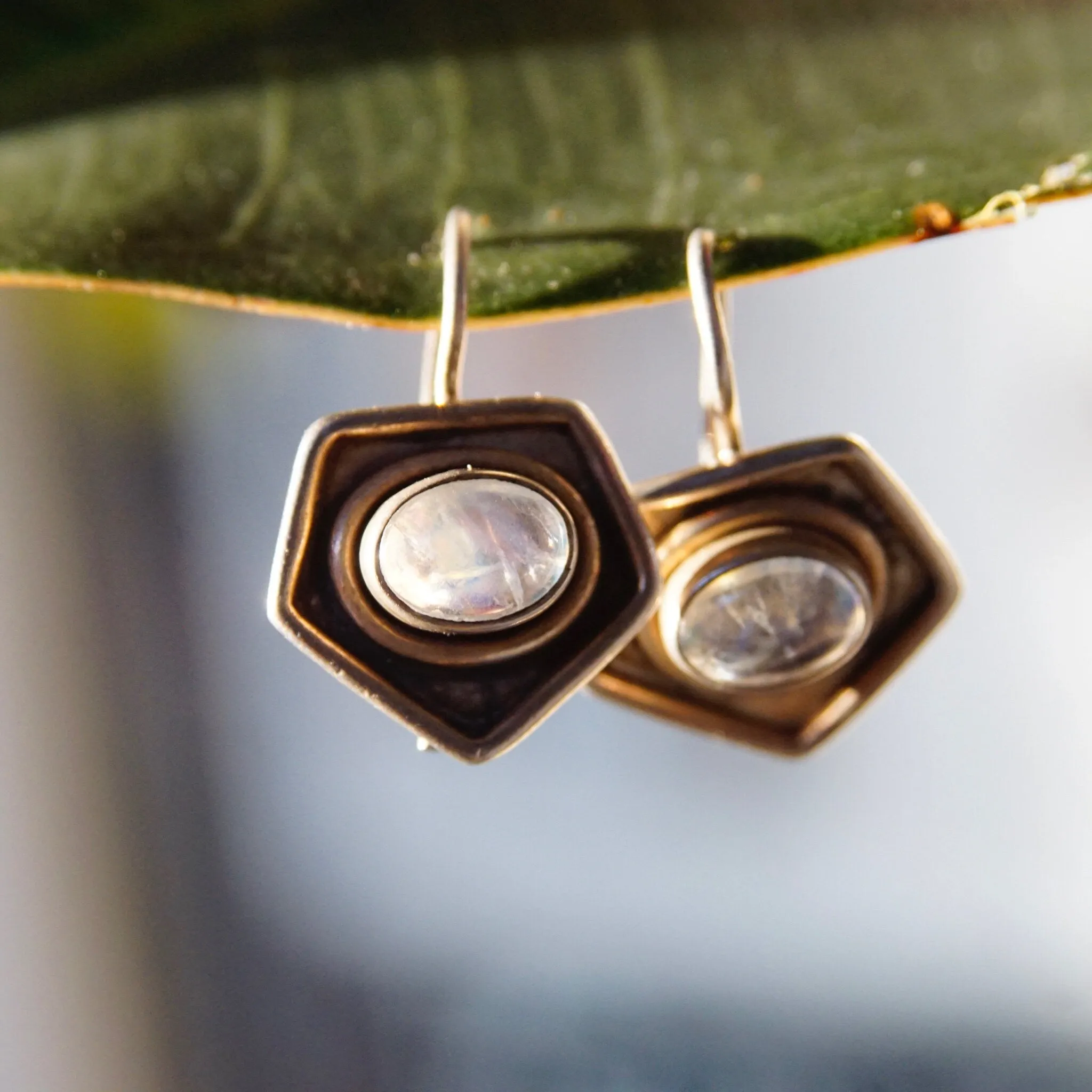 Vintage Sterling Silver Moonstone Drop Earrings, Iridescent Moonstone In Silver Pentagon Setting, Unique Silver Dangle Earrings, 7/8" L
