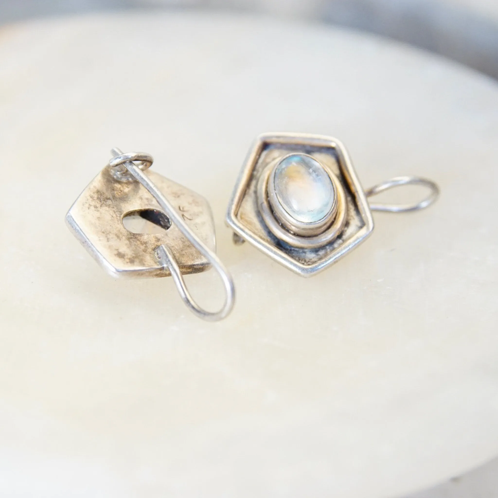 Vintage Sterling Silver Moonstone Drop Earrings, Iridescent Moonstone In Silver Pentagon Setting, Unique Silver Dangle Earrings, 7/8" L