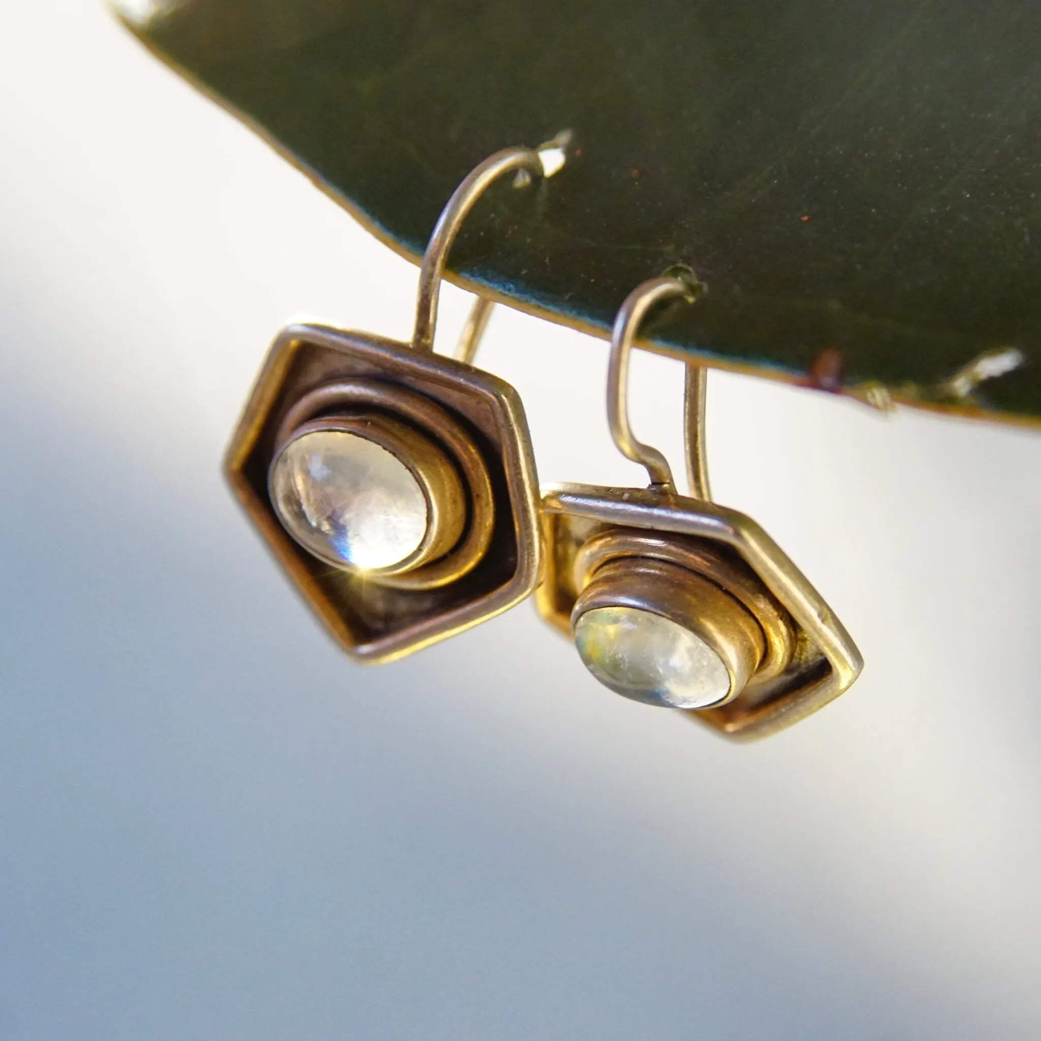 Vintage Sterling Silver Moonstone Drop Earrings, Iridescent Moonstone In Silver Pentagon Setting, Unique Silver Dangle Earrings, 7/8" L