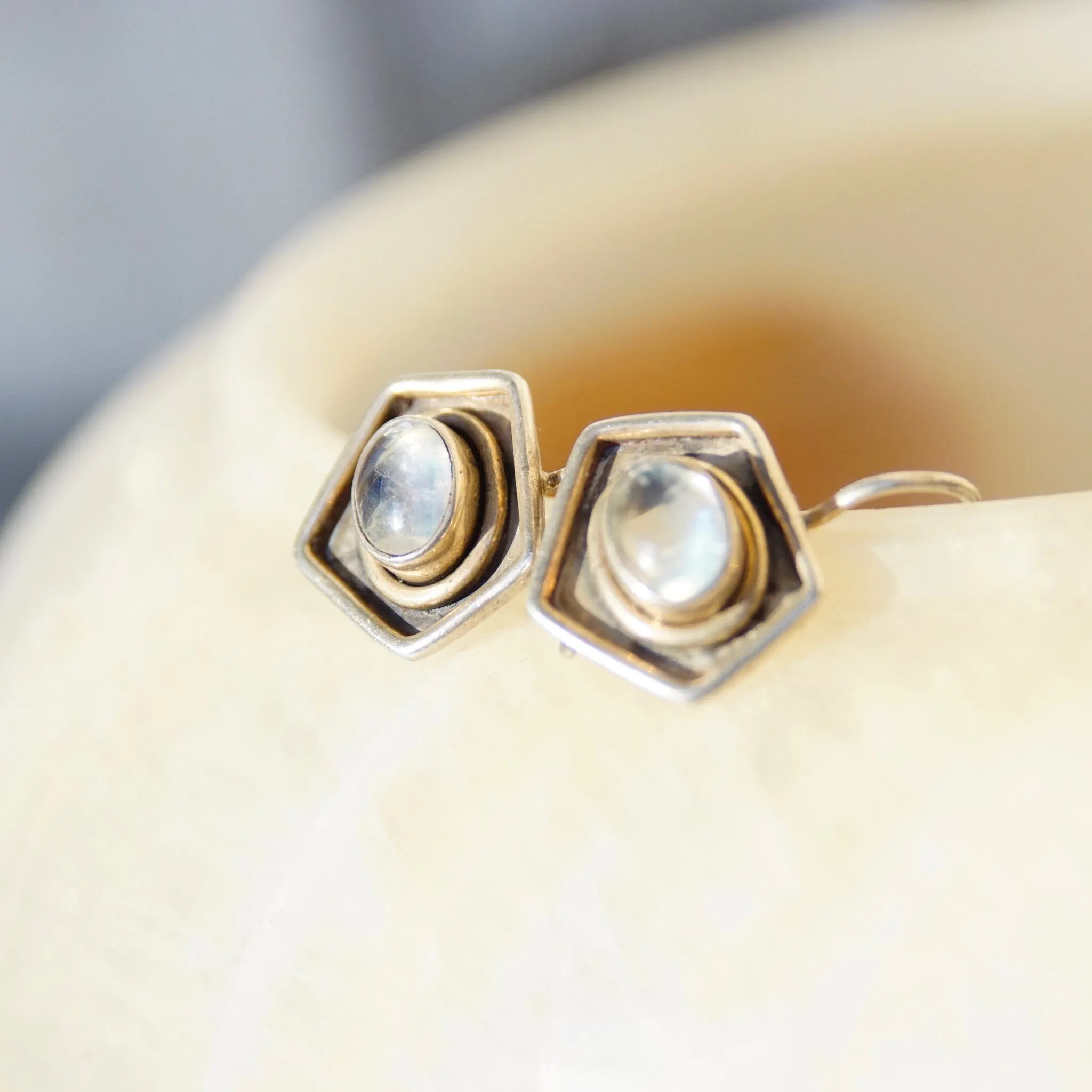 Vintage Sterling Silver Moonstone Drop Earrings, Iridescent Moonstone In Silver Pentagon Setting, Unique Silver Dangle Earrings, 7/8" L
