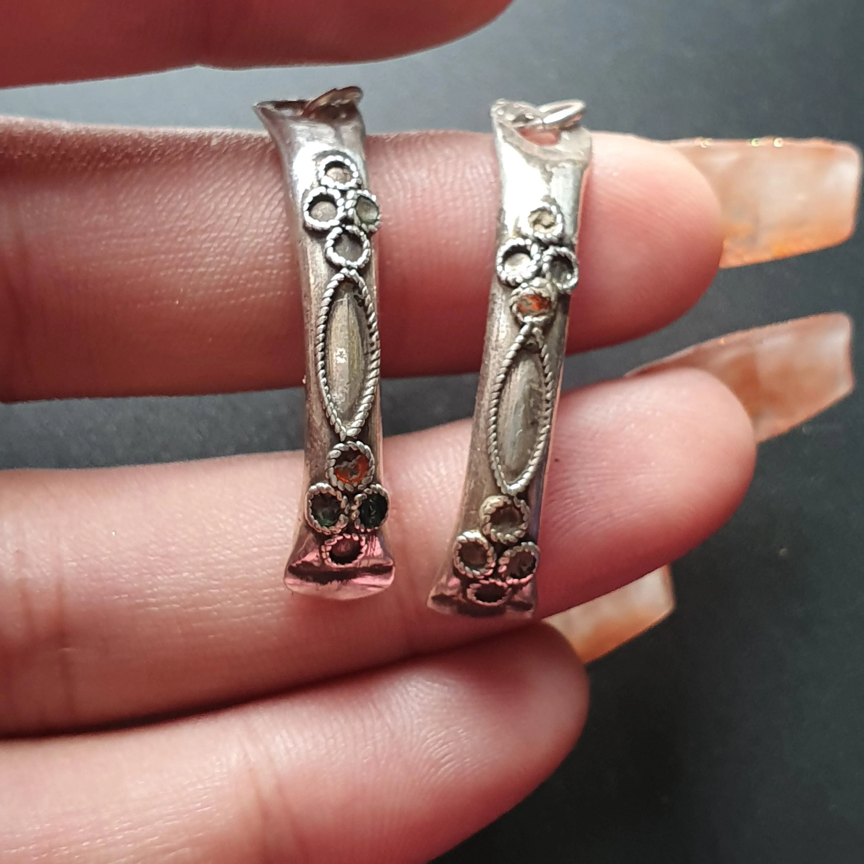 Vintage-Style Curved  Silver Dangle Earrings with Intricate Floral Detailing, Indian Ethnic Jewelry, Unique Gifts Dangle Drop Long Earrings