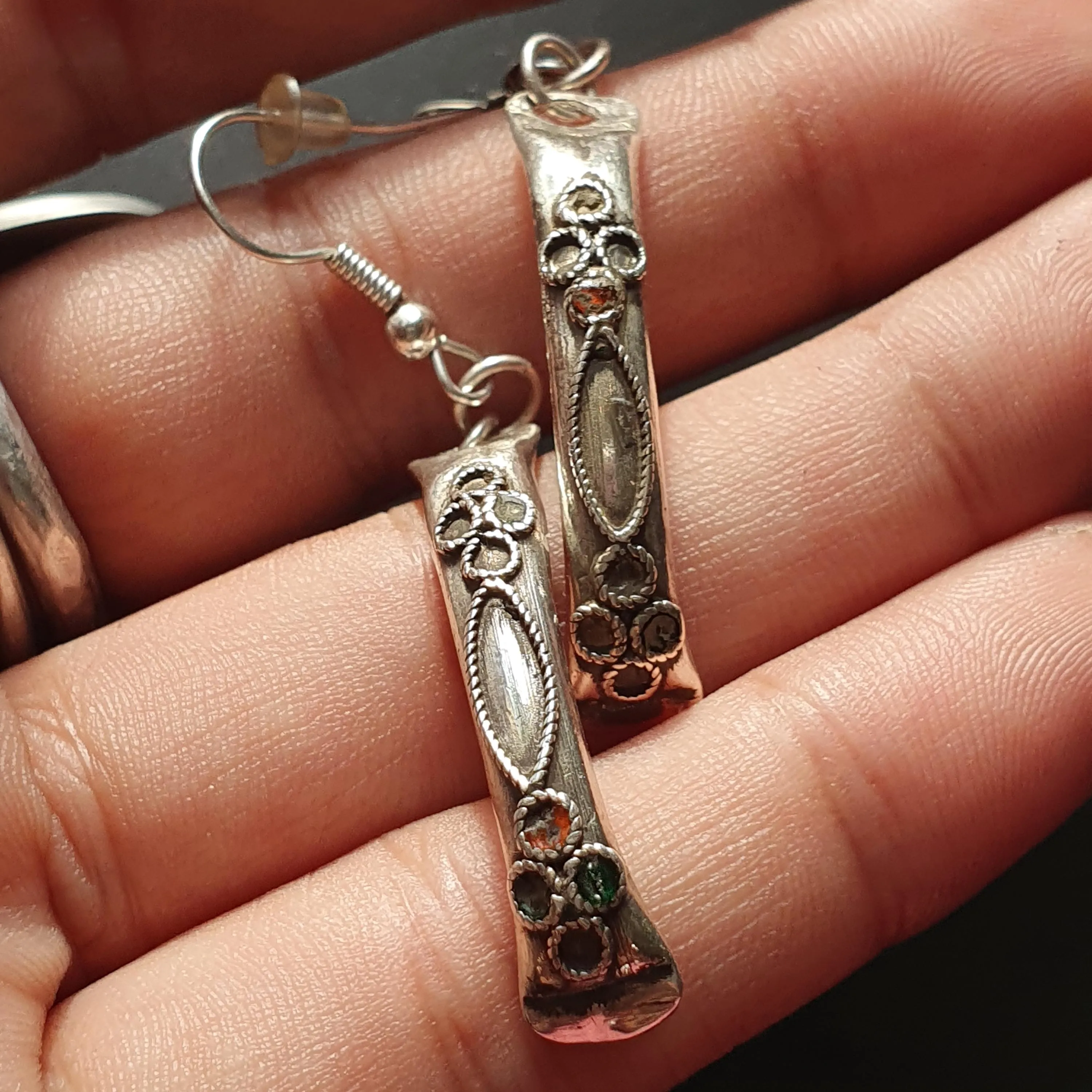 Vintage-Style Curved  Silver Dangle Earrings with Intricate Floral Detailing, Indian Ethnic Jewelry, Unique Gifts Dangle Drop Long Earrings