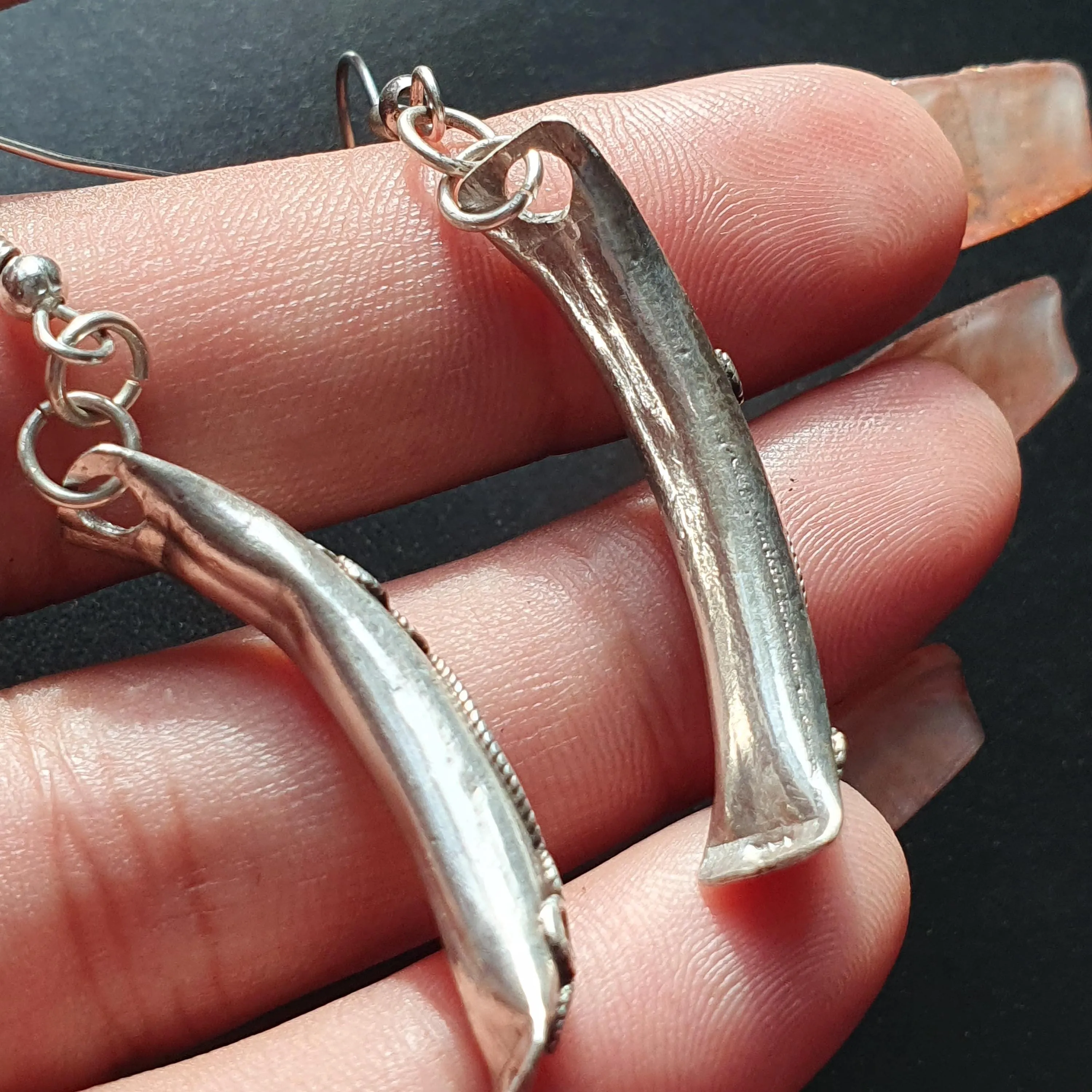 Vintage-Style Curved  Silver Dangle Earrings with Intricate Floral Detailing, Indian Ethnic Jewelry, Unique Gifts Dangle Drop Long Earrings