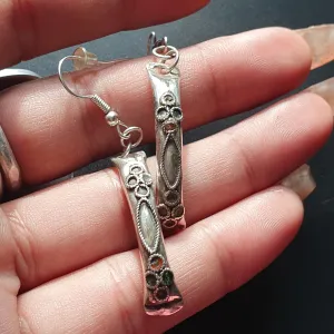 Vintage-Style Curved  Silver Dangle Earrings with Intricate Floral Detailing, Indian Ethnic Jewelry, Unique Gifts Dangle Drop Long Earrings