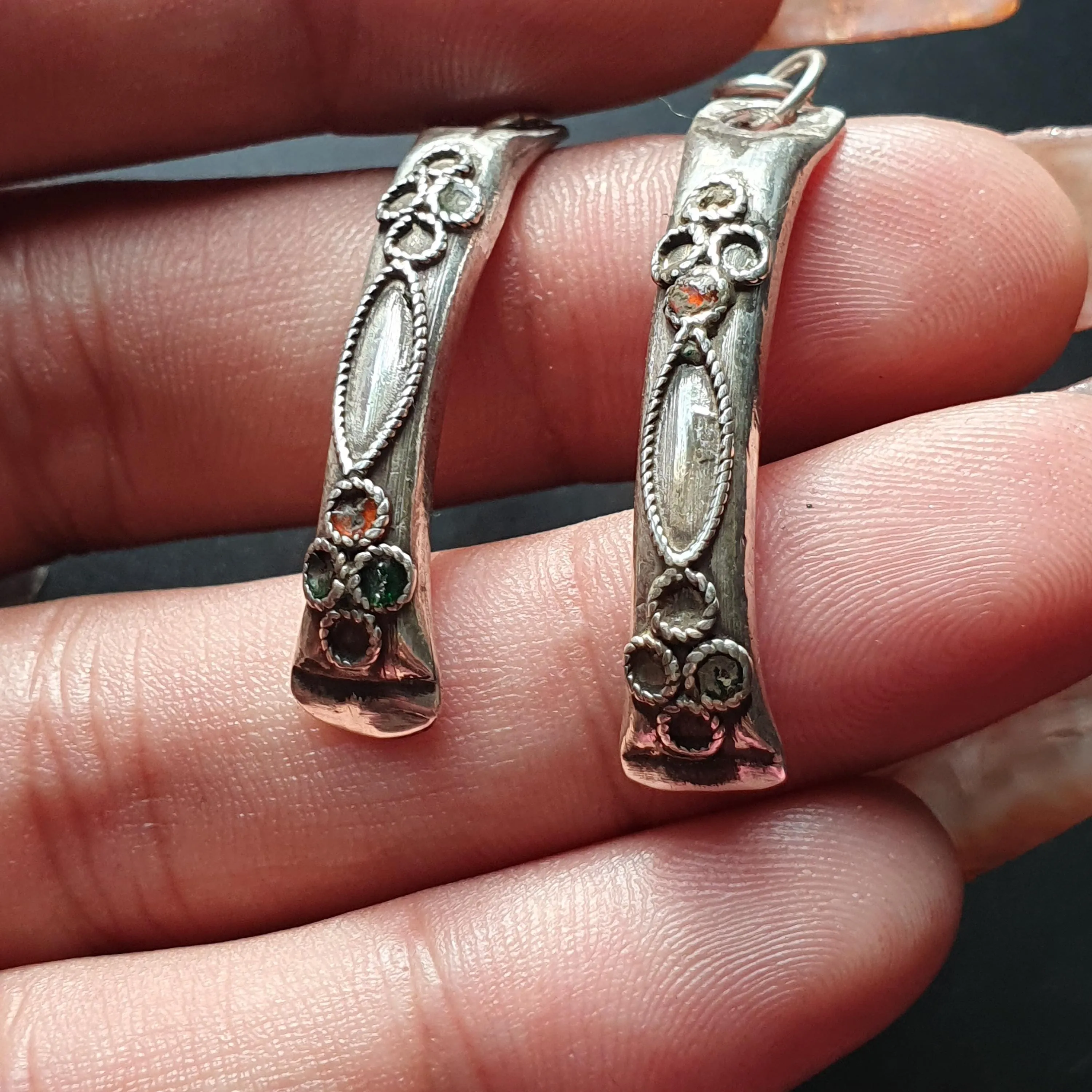 Vintage-Style Curved  Silver Dangle Earrings with Intricate Floral Detailing, Indian Ethnic Jewelry, Unique Gifts Dangle Drop Long Earrings