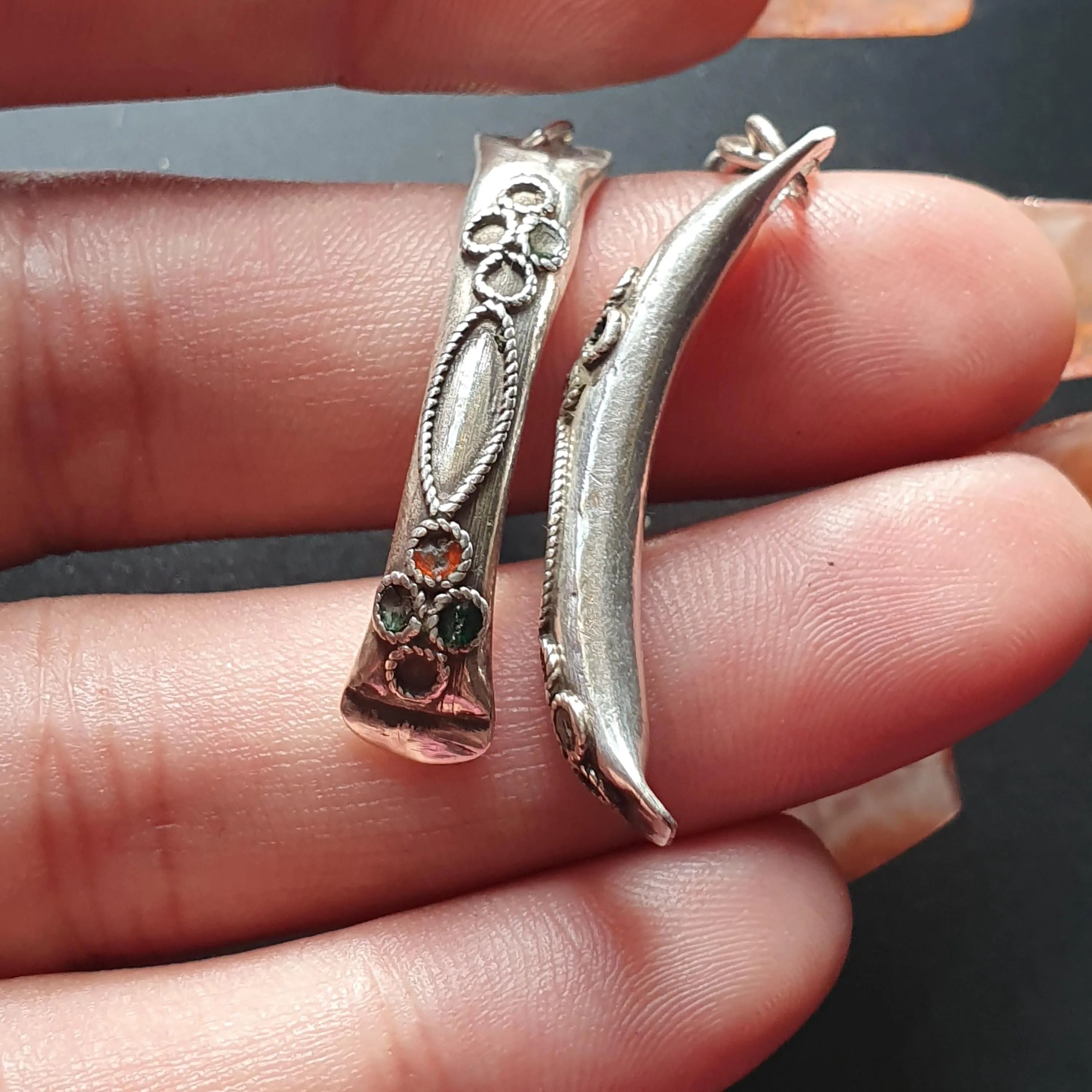 Vintage-Style Curved  Silver Dangle Earrings with Intricate Floral Detailing, Indian Ethnic Jewelry, Unique Gifts Dangle Drop Long Earrings