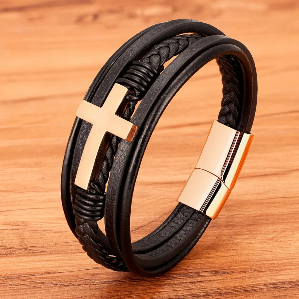 XQNI Luxury Multicolor Cross Design Classic Stainless Steel Men&#39;s Leather Bracelet 19/21/23cm Choose Handsome Christmas Gifts