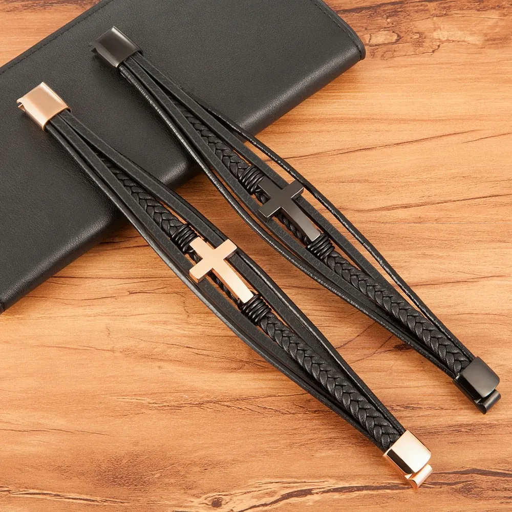 XQNI Luxury Multicolor Cross Design Classic Stainless Steel Men&#39;s Leather Bracelet 19/21/23cm Choose Handsome Christmas Gifts