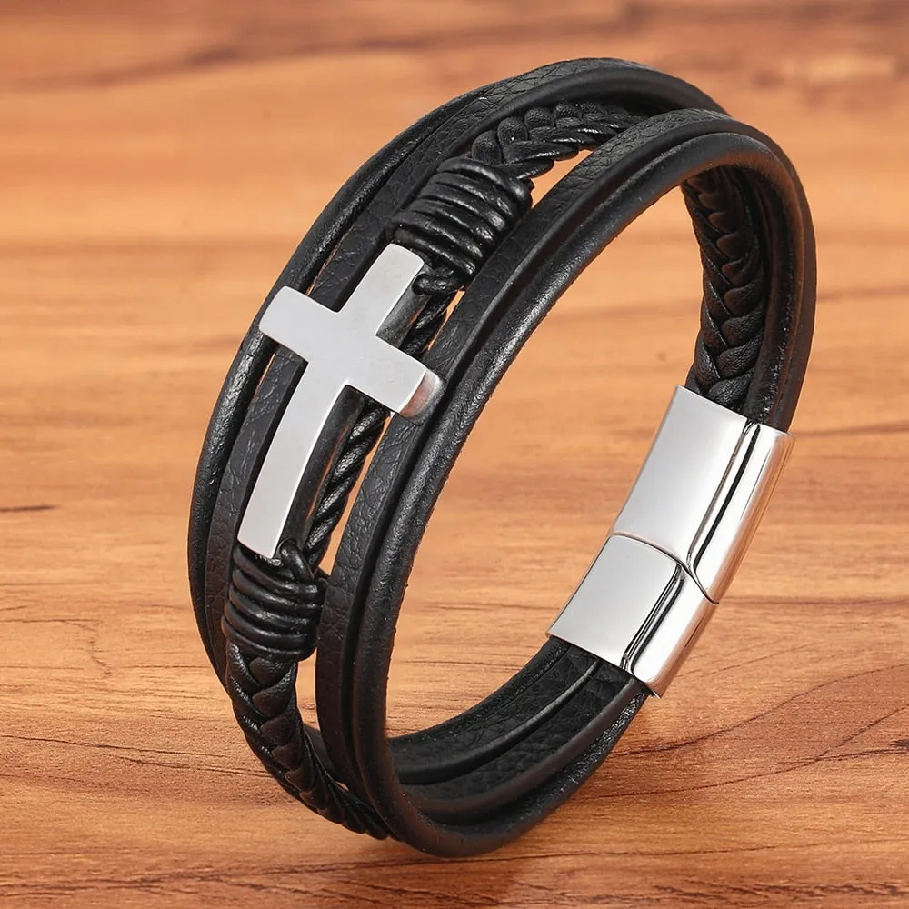 XQNI Luxury Multicolor Cross Design Classic Stainless Steel Men&#39;s Leather Bracelet 19/21/23cm Choose Handsome Christmas Gifts