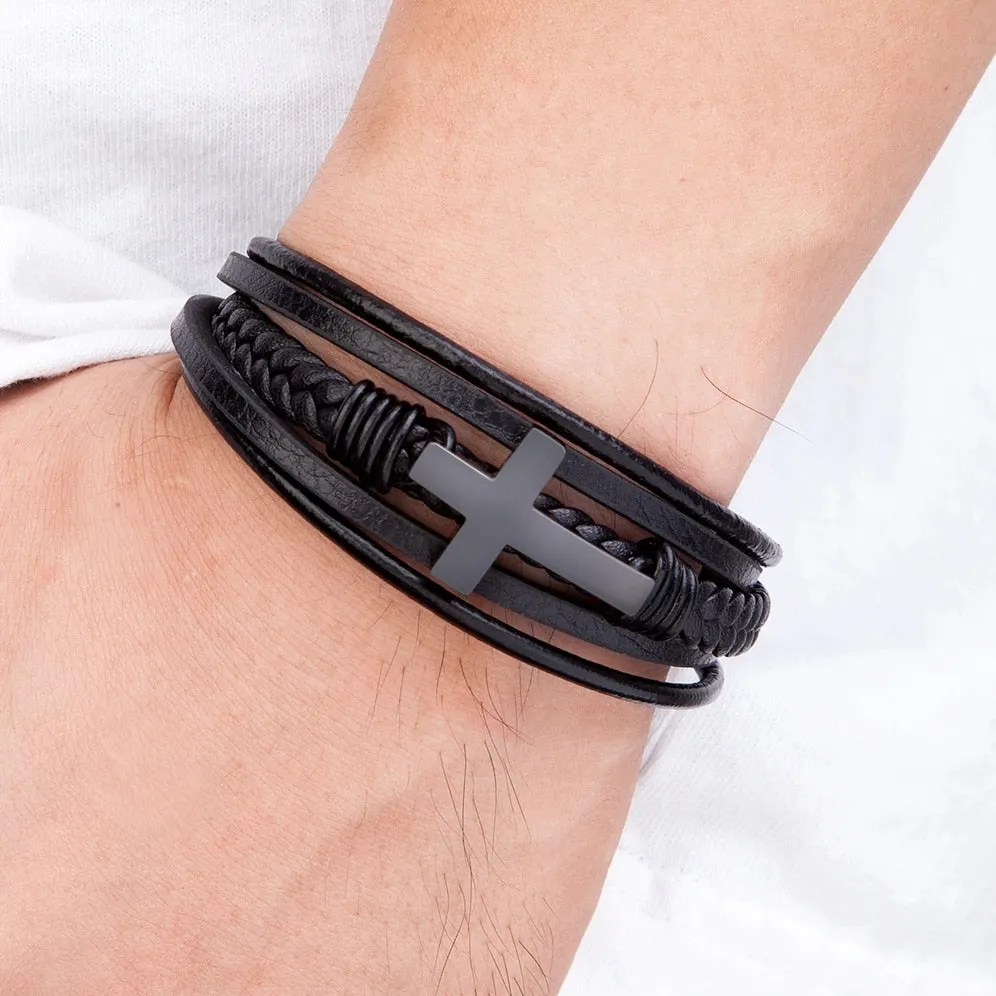 XQNI Luxury Multicolor Cross Design Classic Stainless Steel Men&#39;s Leather Bracelet 19/21/23cm Choose Handsome Christmas Gifts