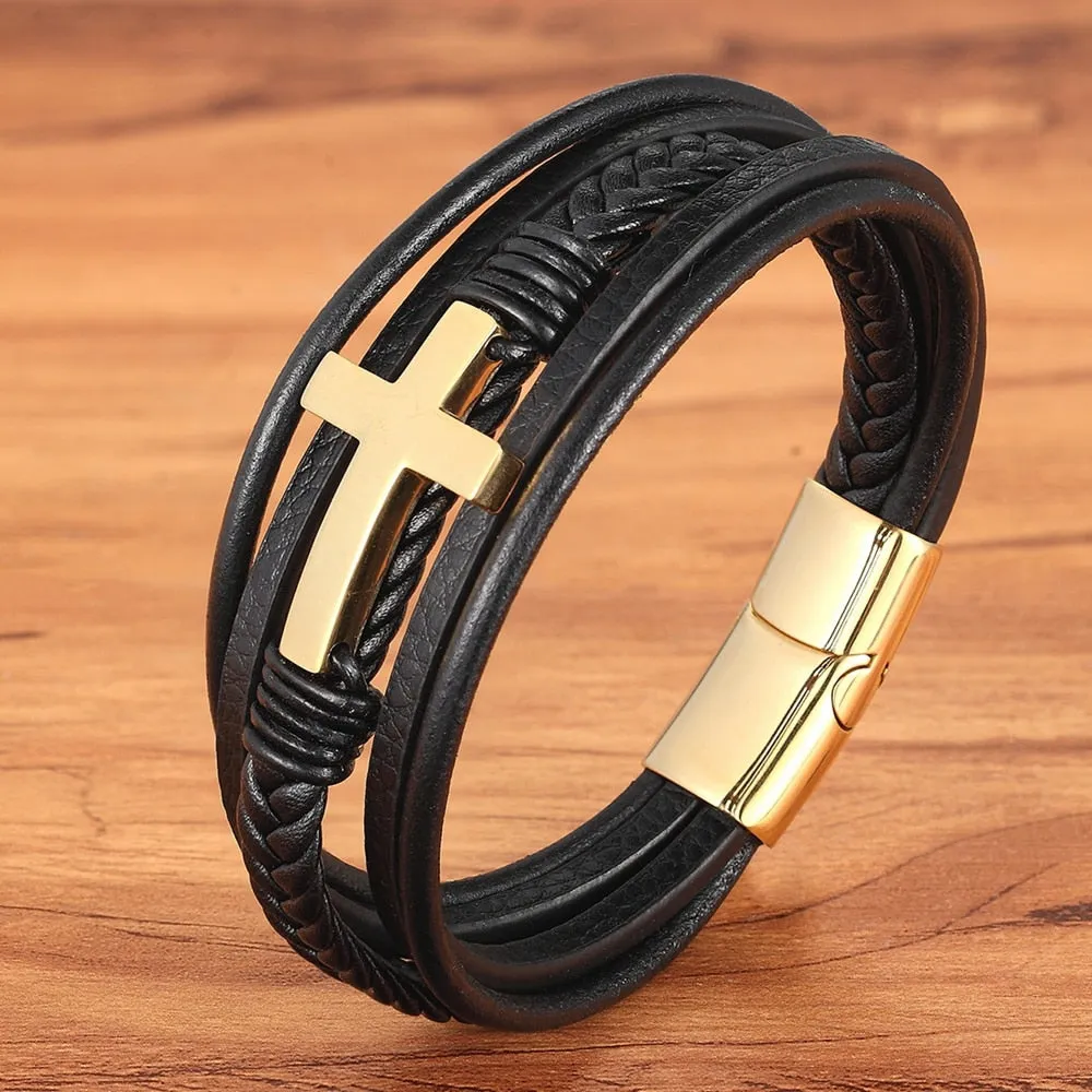 XQNI Luxury Multicolor Cross Design Classic Stainless Steel Men&#39;s Leather Bracelet 19/21/23cm Choose Handsome Christmas Gifts
