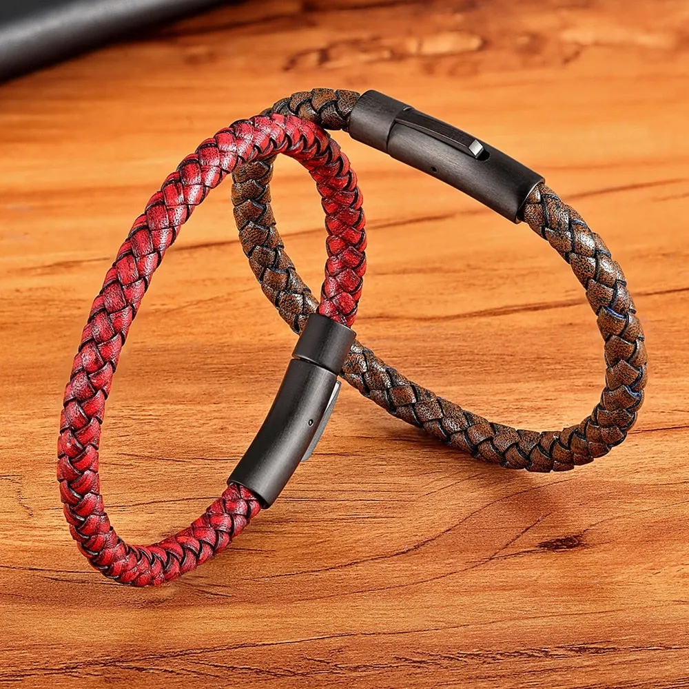 XQNI New Classic Style Men Leather Bracelet Simple Black Stainless Steel Button Neutral Accessories Hand-woven Jewelry Gifts